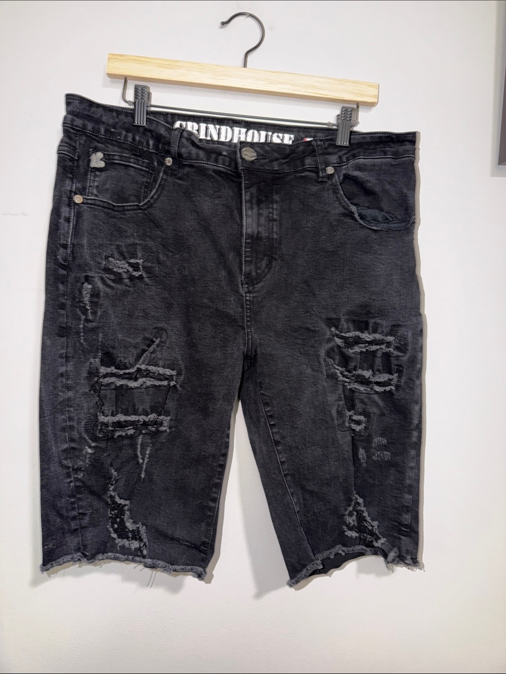 Grindhouse Men's Black Distressed Denim Jean Shorts